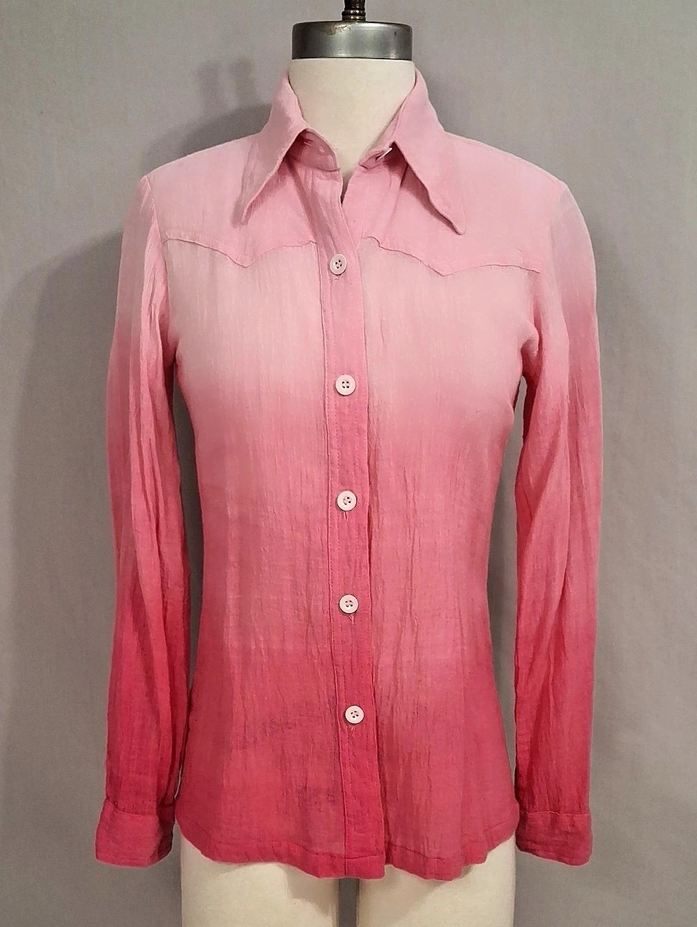 True Vintage  70s  Pink Hombre Cotton Gauze Button Down Shirt India See Meas